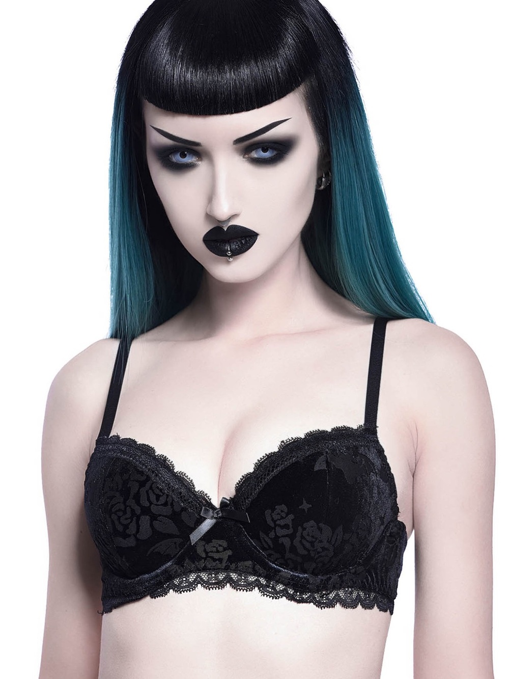Killstar Black Lace Velvet Push-Up Bra with Floral Devore
